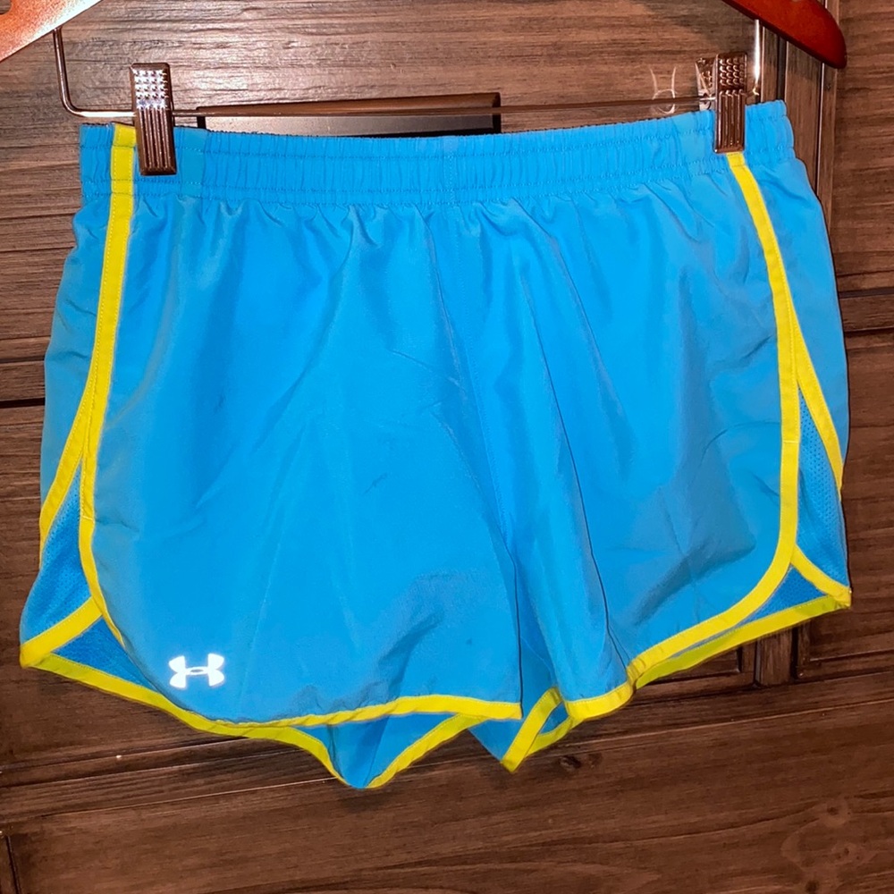 Blue and green Underarmour athletic shorts (has liner and drawstring shorts)